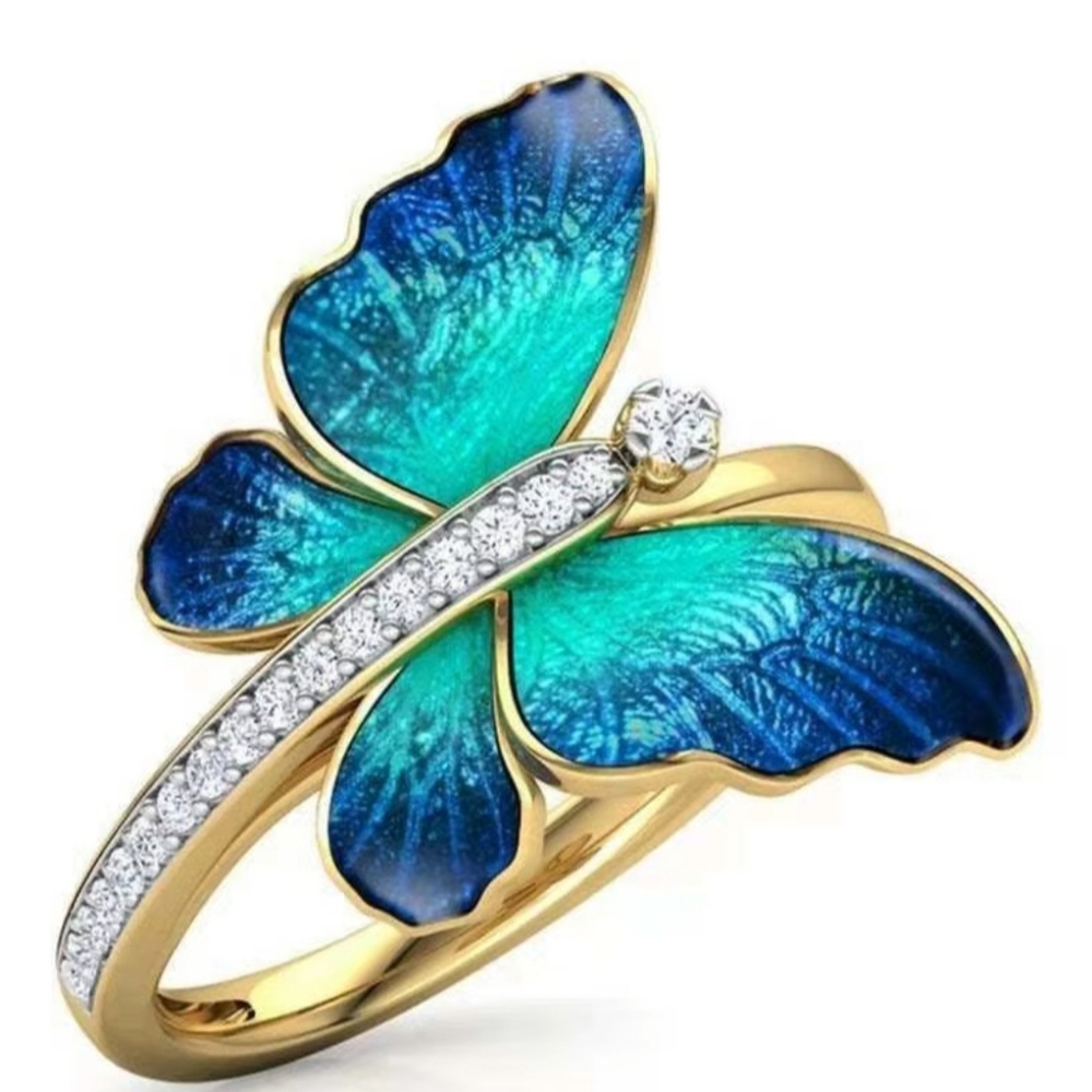 Vintage Elegant Blue and Gold Butterfly Ring